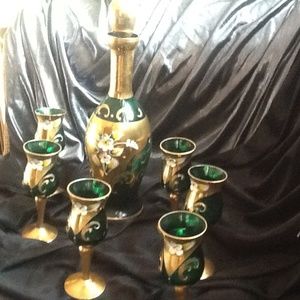 From ITALY Heavily Gold Encrusted Carafe set with 6 goblets possibly MURANO